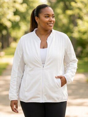 ActiveZone White Textured Full-Zip Athletic Jacket Mock Neck Plus 2X